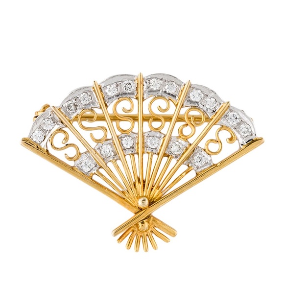 Jewelry - 14k unisex vintage Victorian floral diamond fan brooch pin